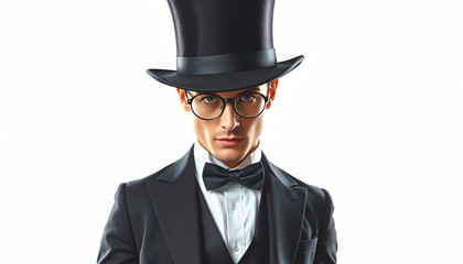 Stylish attire, vintage men fashion and magic show conceptual idea with 3/4 angle on victorian black top hat with clipping path cutout in ghost mannequin technique . Shades of white. isola
