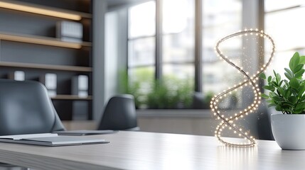 A modern office setting features an abstract double exposure of DNA alongside digital holograms, highlighting innovation in technology and research