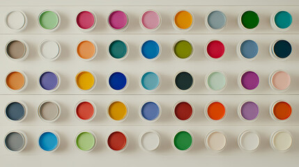 A neatly arranged lineup features forty-two vibrant paint cans on a clean white background, showcasing a spectrum of colors ideal for artistic inspiration and creativity.