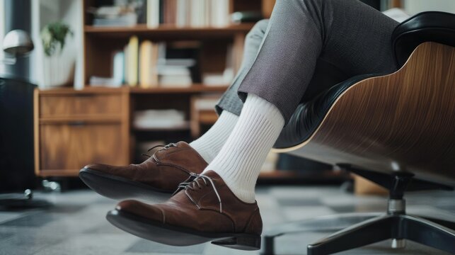 Stylish white socks paired with tailored trousers, worn by a man sitting on a sleek office chair.