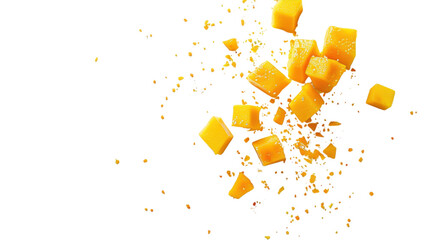 Vibrant mango cubes burst across a bright background in a creative splash of color and flavor
