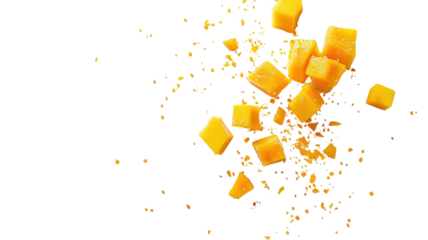 Vibrant mango cubes burst across a bright background in a creative splash of color and flavor