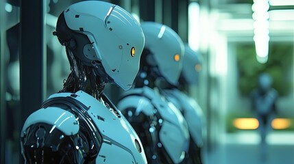 Fototapeta premium Three futuristic robots stand in a modern facility