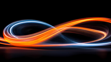 A stunning display of dynamic, swirling light forms creating an infinity loop in vivid oranges and blues, set against a dark background, symbolizing boundless energy.