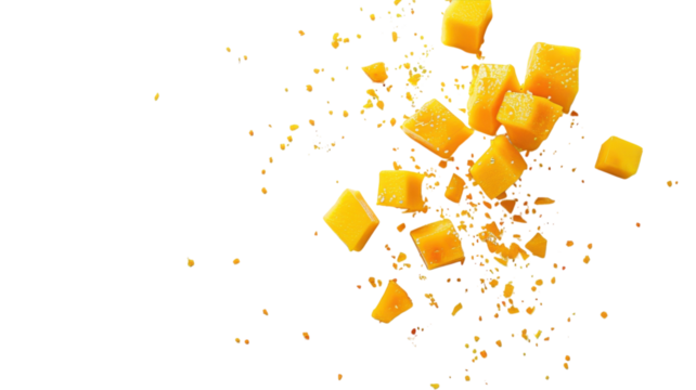 Vibrant mango cubes burst across a bright background in a creative splash of color and flavor