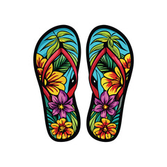 Vibrant flip-flops adorned with tropical hibiscus flowers, palm trees, and vibrant sunsets.  Close-up shot emphasizing detailed motifs.