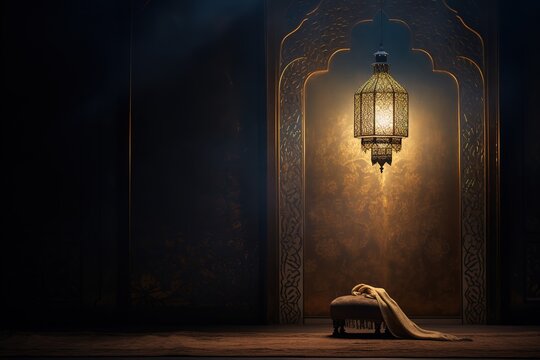 A lamp is lit in a room with a bench and a blanket