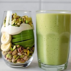 A vibrant and nutritious duo of healthy treats. On the left, a layered dessert featuring creamy yogurt, fresh avocado slices, ripe bananas, and crunchy