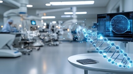 A modern office setting features an abstract double exposure of DNA alongside digital holograms, highlighting innovation in technology and research