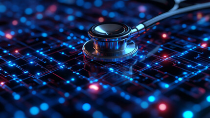 A doctor holding a stethoscope seamlessly integrated with a glowing internet network, symbolizing advancements in online health and global medical connectivity.