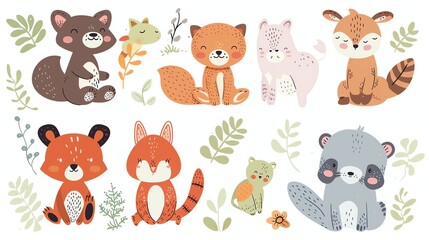 A collection of cute cartoon animals in pastel colors against a white background.