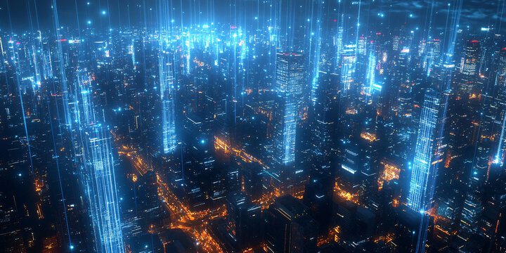 Modern city with wireless network connection and city scape concept.Wireless network and Connection technology concept with city background