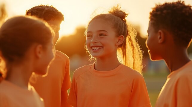 Diverse teen group in orange shirts at sunset, horizontal, perfect for youth sports programs, summer camps, team building and inclusive community initiatives