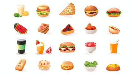 A set of food icons, including watermelon, a glass of orange juice, a glass of milk, a burger, a slice of pizza, a bowl of chicken wings, a glass of juice with whipped cream, a bowl of berri