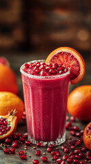 Vibrant pomegranate and orange smoothie garnished with seeds