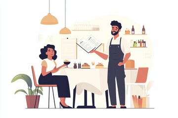 Waiter shows menu to seated diner; restaurant scene.