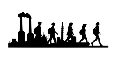 A group walking past preserved industrial buildings on a guided heritage tour, Illustration