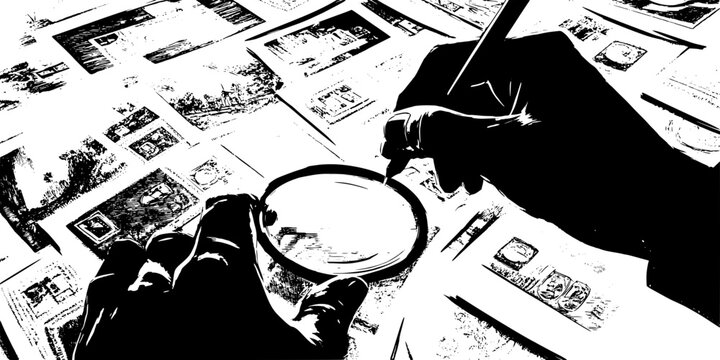 A person sorting through rare stamps for a future auction event indoors, Illustration