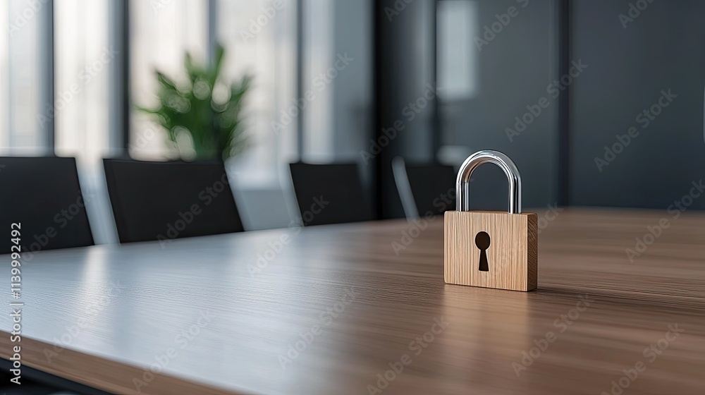 Poster a digital padlock sits on top of envelopes, representing key security measures in a blurred office b