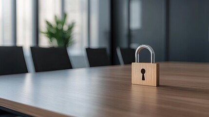 A digital padlock sits on top of envelopes, representing key security measures in a blurred office backdrop that emphasizes data protection