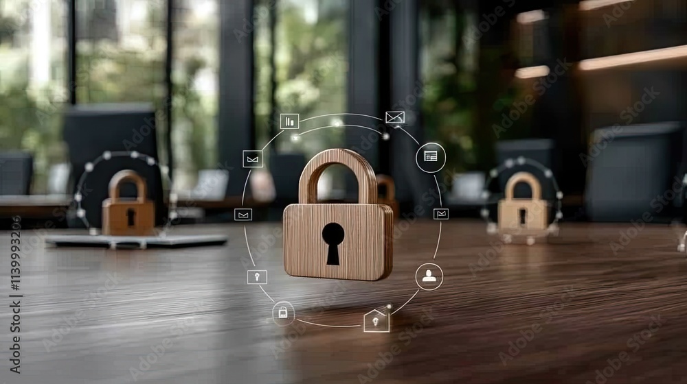 Poster a digital padlock sits on top of envelopes, representing key security measures in a blurred office b