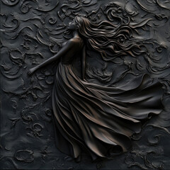 3D volumetric image of a long-haired girl in a long flowing dress in black tones. Creative print. Template for romantic cards, invitations. Illustration for printing on fabric, paper, porcelain, plast