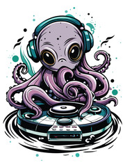 Adorable cartoon octopus DJing, wearing headphones, spinning vinyl records.  Vibrant, fun illustration.