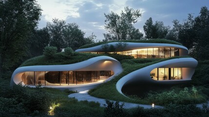 Modern, organic home nestled in lush greenery.