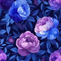 Modern abstract flowers seamless pattern, beautiful design purple blue peonies, rose