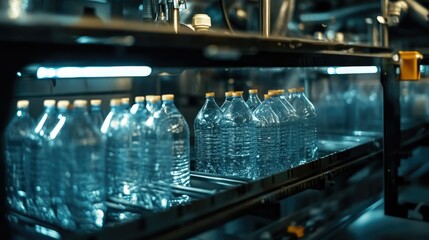 Water bottles being grouped and wrapped in plastic packaging, part of an automated bottling line process.