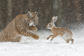 Lynx stalking a hare in a snowy winter scene.  A captivating wildlife moment captured in stunning detail.
