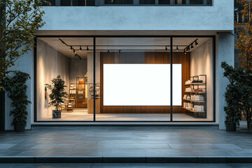 A modern retail storefront with large glass windows showcasing an empty interior. The space features wooden accents, shelves with products, and a large blank screen