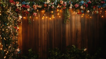 Romantic Floral Arrangement With Lights On Wooden Fence