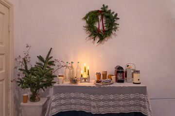 Coffee corner buffet with coffee machine and sweets on the market decorated with Christmas decor