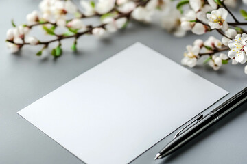 A blank white card placed on a gray surface next to a black pen and delicate white cherry blossom branches.