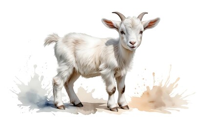 Obraz premium Adorable Baby Goat Watercolor Portrait on a Splashed Canvas