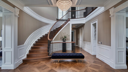 Stylish foyer featuring a curved wooden staircase and modern velvet bench  
