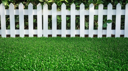 White wooden picket fence framing an area of vibrant green artificial turf, evoking a tidy and fresh aesthetic.