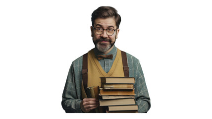 Scholar with books stands proudly ready to share knowledge
