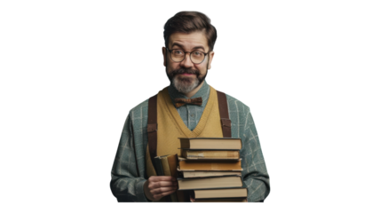 Scholar with books stands proudly ready to share knowledge