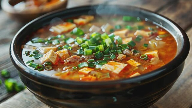 A steaming bowl of mapo tofu, a classic Sichuan dish,  invites you to savor its rich, spicy flavors.  The vibrant colors and textures are captured in detail.