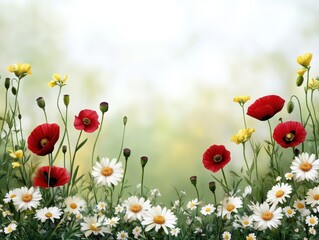 Fototapeta premium Vibrant Field of Wildflowers with Red Poppies and White Daisies Against Soft Green Background