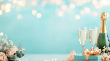A festive setup featuring sparkling champagne, elegant glasses, and a beautifully wrapped gift amid soft pastel flowers, Ideal for celebrations, weddings, or special announcements,