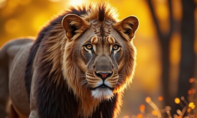 Fototapeta premium Majestic lion portrait golden hour lighting autumn foliage