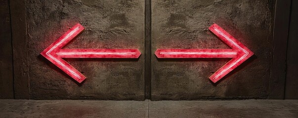 Opposing Directions: Bold Neon Arrows in an Urban Setting, Two intersecting arrows softly glowing red and pink lights, symbolizing thoughtful choices, with ample space for text