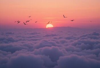 Silhouette of birds flying over a sunset with layered clouds