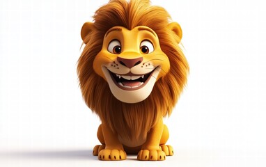 A 3D lion with a soft golden mane, big friendly eyes, and a warm smile, rendered in a vibrant cartoon style on a bright white background
