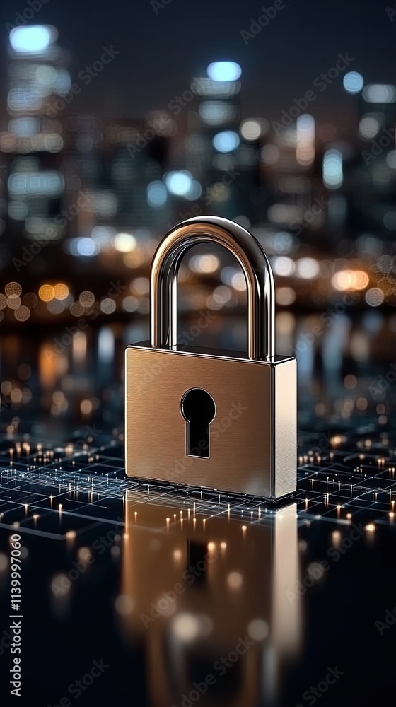 Poster a digital padlock sits on top of envelopes, representing key security measures in a blurred office b