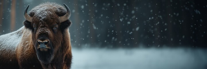 A bison stands in a snowy forest, blanketed with flakes.