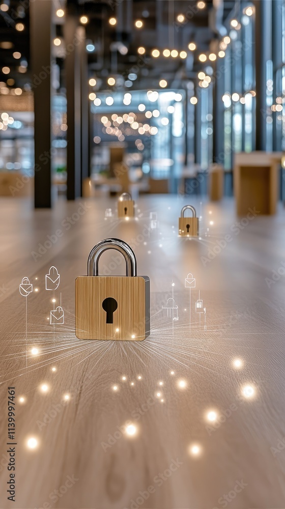 Poster a digital padlock sits on top of envelopes, representing key security measures in a blurred office b